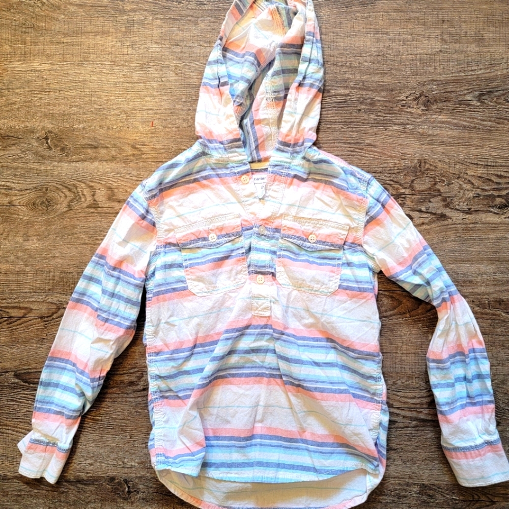 Boys size 8 Carters salmon pink, blue and white hooded button up shirt